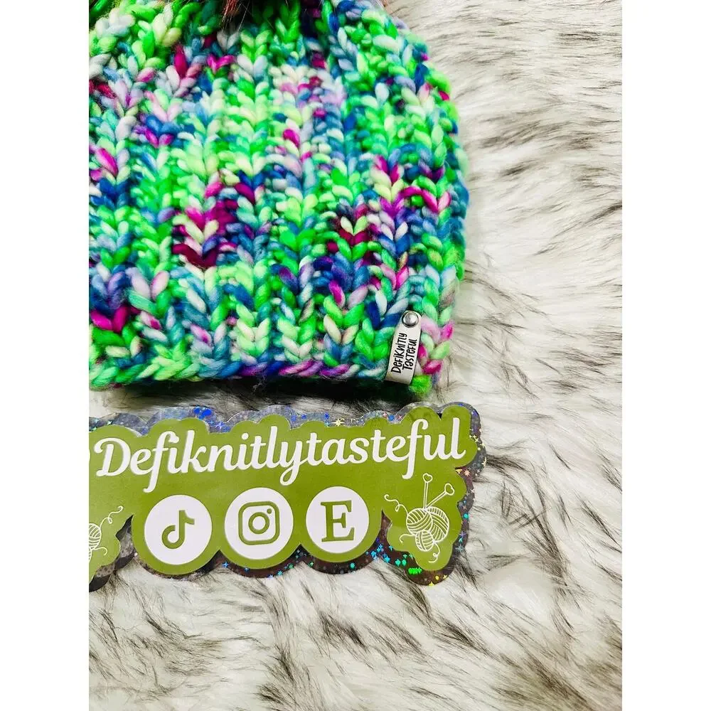 Hand Knit Merino Wool Beanie: DefiKnitly Tasteful Knit Hat with Faux Fur Pom